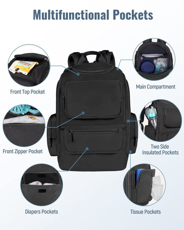 Water Resistant Multifunctional Diaper Custom Travel Bag with 2 Side Insulated Pockets For Men Women