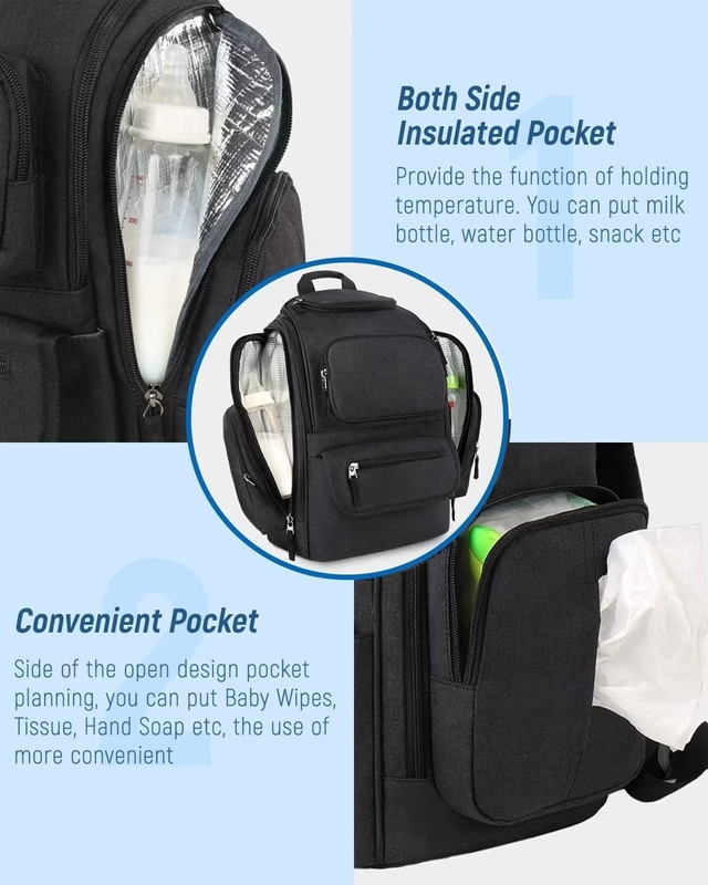 Water Resistant Multifunctional Diaper Custom Travel Bag with 2 Side Insulated Pockets For Men Women