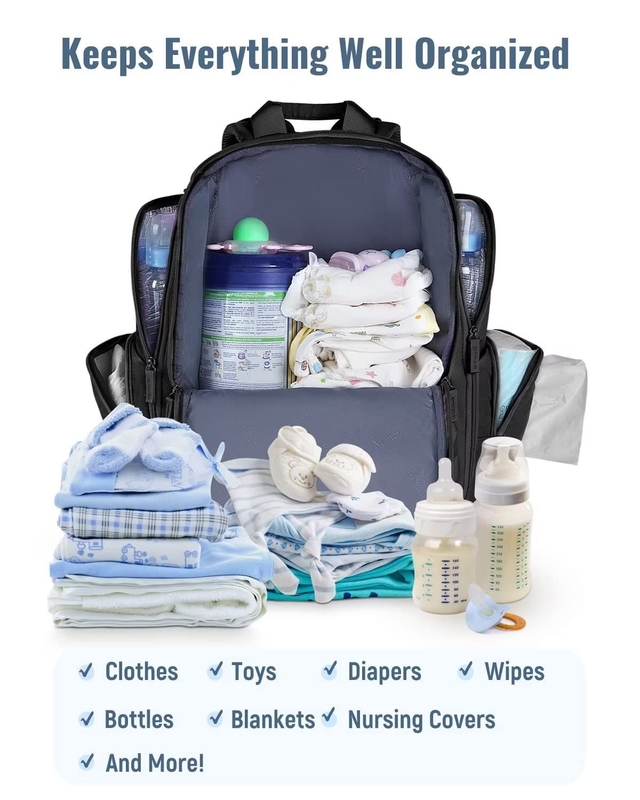 Water Resistant Multifunctional Diaper Custom Travel Bag with 2 Side Insulated Pockets For Men Women