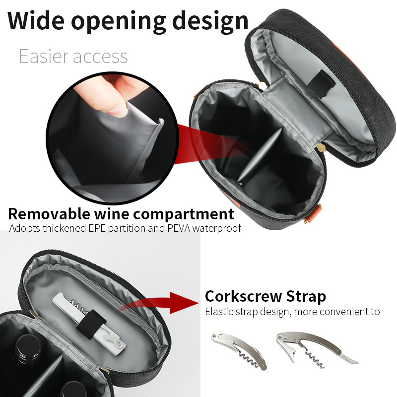 Leakproof  Insulated Padded 2 Bottle  Gift Tote Carrier Custom Travel Wine Bag with shoulder strap