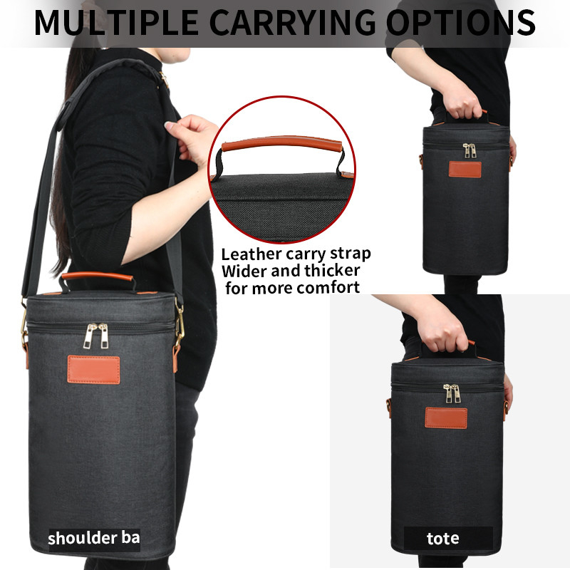 Leakproof  Insulated Padded 2 Bottle  Gift Tote Carrier Custom Travel Wine Bag with shoulder strap