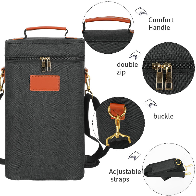 Leakproof  Insulated Padded 2 Bottle  Gift Tote Carrier Custom Travel Wine Bag with shoulder strap