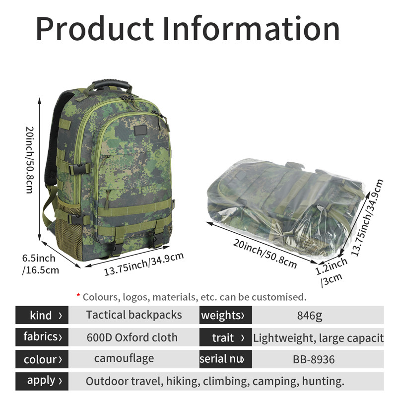 Black Large Capacity Water proof Custom Travel Military tactical Backpack with handle shoulder strap for Men