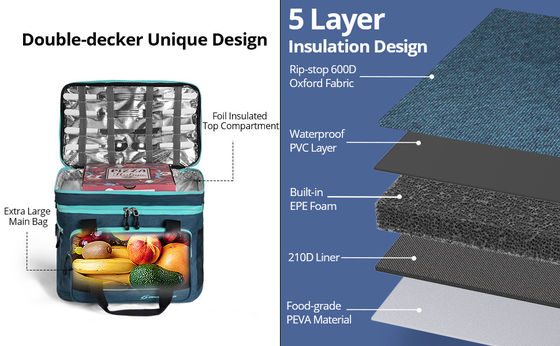 2 Double Layer Insulated Collapsible Lunch Bag 60 Can Large 15x10x14"